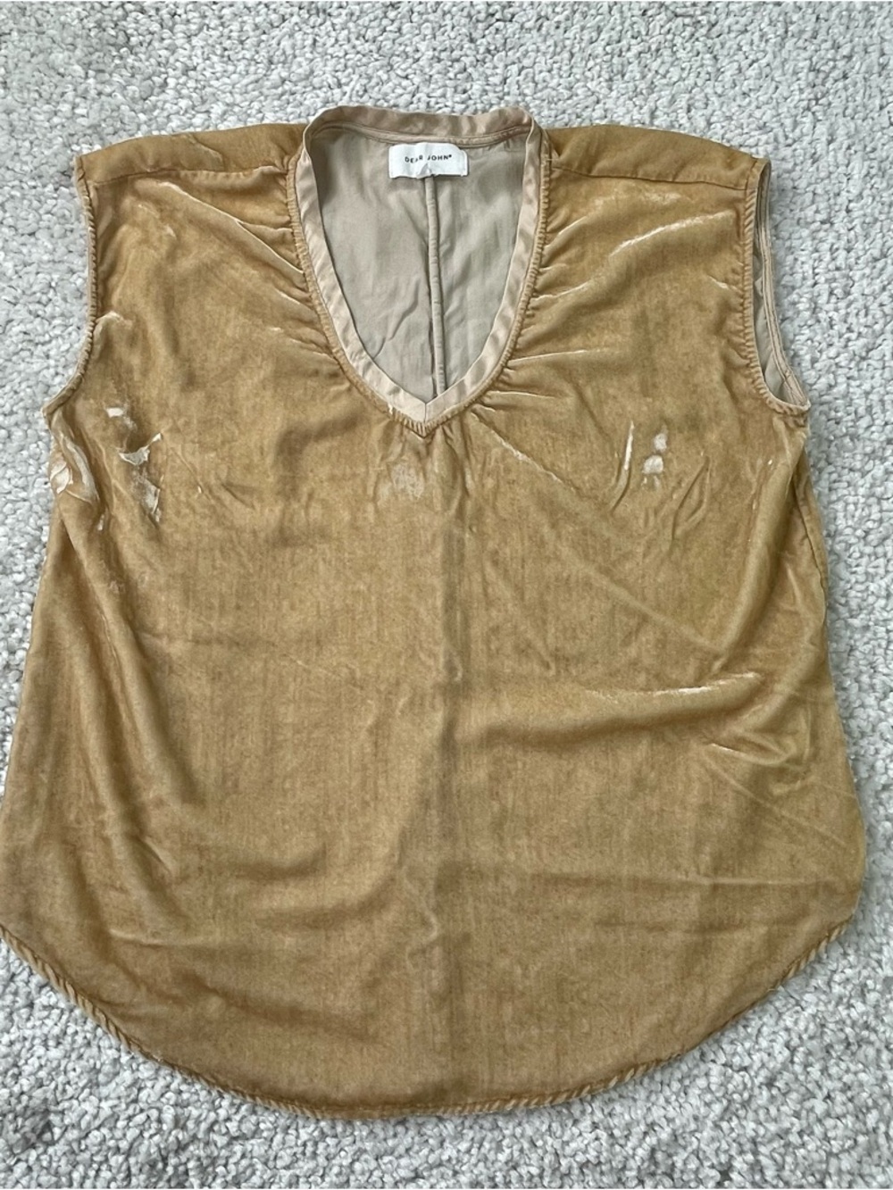 Dear John Sleeveless VNeck Top Velvet Gold Tan Khaki Boho Fairy Earthy Small
